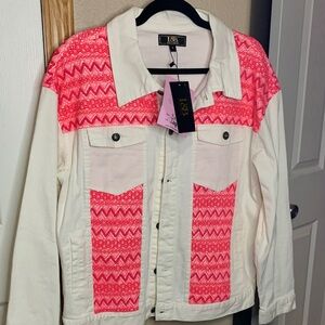 LUCKY & BLESSED Denim Pink Lace and White Jean Button Long Sleeve Jacket